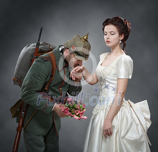 German soldier kissing a lady's hand. WWI. German soldier kissing a lady's hand. WWI.