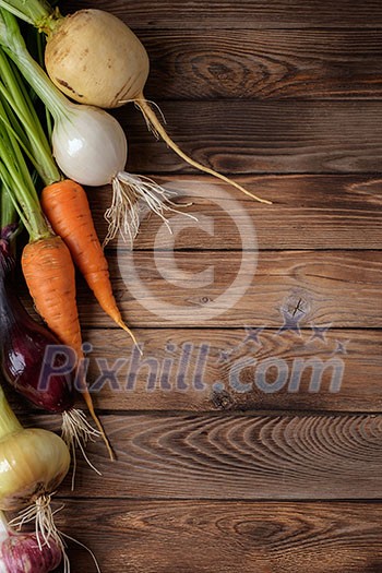 Fresh vegetables on a wooden table. Rustic style. Vegetarianism. Organic food. Space for text. Fresh vegetables on a wooden table. Rustic style. Vegetarianism. Organic food. Space for text.