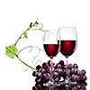 Red wine in glasses with grape and rod isolated on white