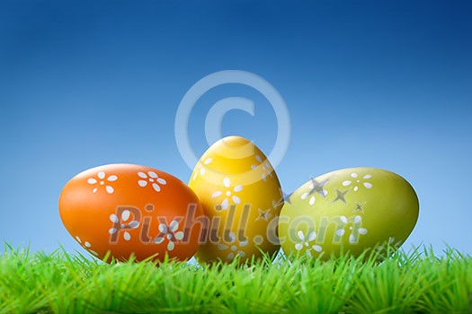Color easter eggs in the grass on blue Color easter eggs in the grass on blue