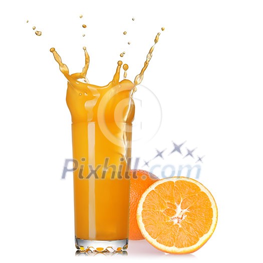 splash of juice in the glass with orange isolated on white splash of juice in the glass with orange isolated on white