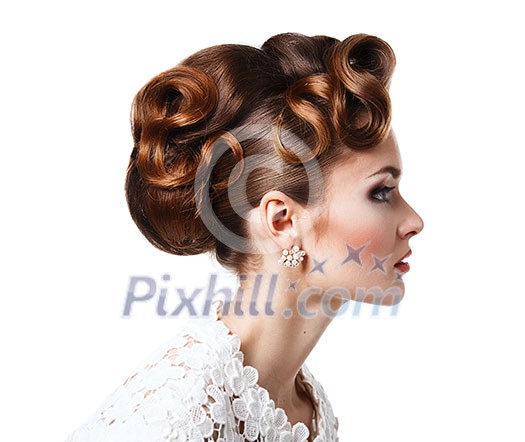 Elegant girl in a white dress - beautiful hairstyle with curls on a white background. Elegant girl in a white dress - beautiful hairstyle with curls on a white background.