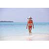 beautiful and happy woman girl on beach have fun and relax on summer vacation  over the sea