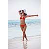 beautifel and happy woman girl on beach have fun and relax on summer vacation  over the sea