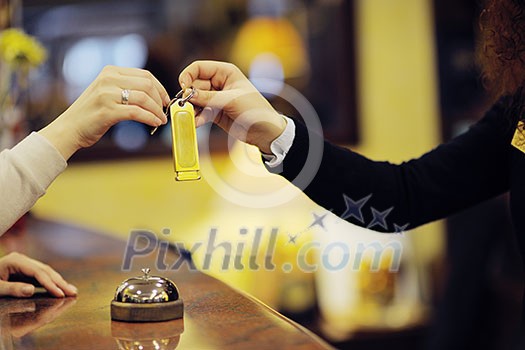 business woman at the reception of a hotel checking in business woman at the reception of a hotel checking in