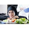 beautiful young chef woman prepare and decorating tasty food in kitchen