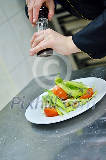 beautiful young chef woman prepare and decorating tasty food in kitchen beautiful young chef woman prepare and decorating tasty food in kitchen