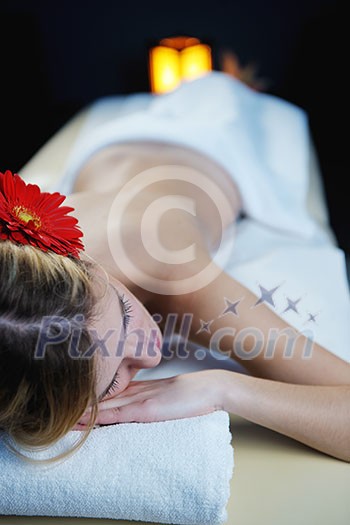 Beautiful young woman in spaand wellness. Face back and stone massage Beautiful young woman in spaand wellness. Face back and stone massage