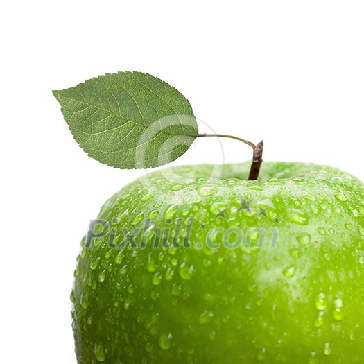 green apple with leaf and water drops isolated on white green apple with leaf and water drops isolated on white