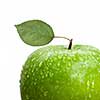 green apple with leaf and water drops isolated on white