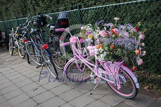 Lisse, Netherlands - April 20, 2013: Bicycle on flower parade. The annual Flower Parade in Holland between Noordwijk and Haarlem is a 42 km feast of beautiful colors and enticing aromas. Lisse, Netherlands - April 20, 2013: Bicycle on flower parade. The annual Flower Parade in Holland between Noordwijk and Haarlem is a 42 km feast of beautiful colors and enticing aromas.