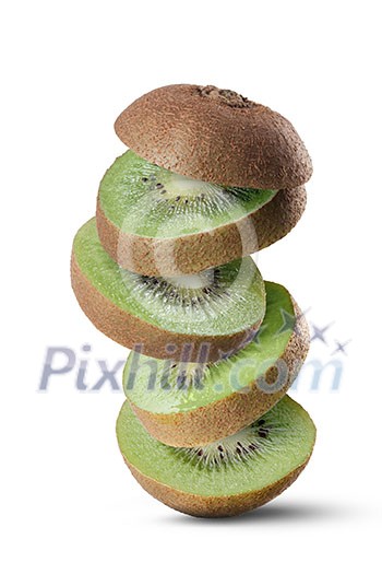 Falling slices of kiwi fruit isolated on white background Falling slices of kiwi fruit isolated on white background