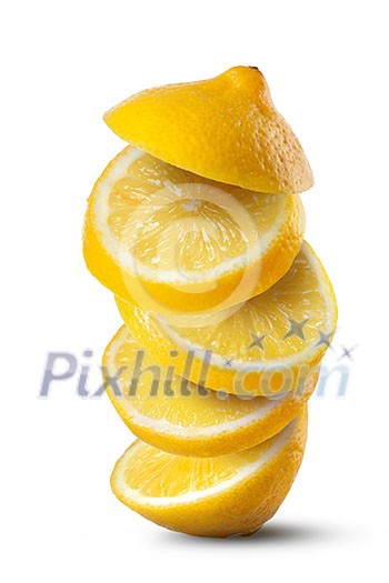 Falling slices of lemon isolated on white background Falling slices of lemon isolated on white background