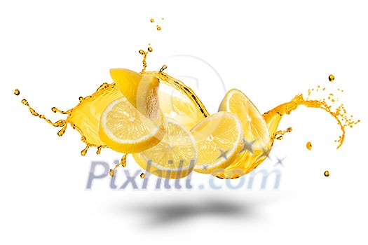Falling slices of lemon with juice splash isolated on white Falling slices of lemon with juice splash isolated on white