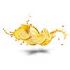 Falling slices of lemon with juice splash isolated on white