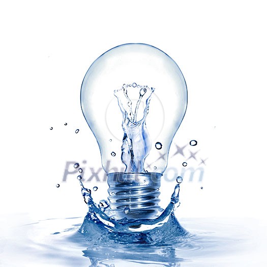 Energy concept. Light bulb with water and splash isolated on white Energy concept. Light bulb with water and splash isolated on white