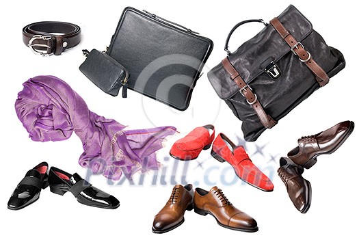 set of male shoes, accessories and bags isolated on white set of male shoes, accessories and bags isolated on white