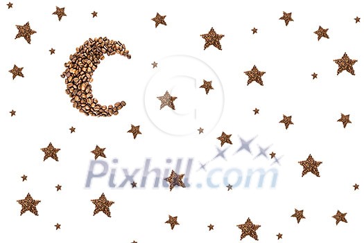 Moon and stars from coffee beans isolated on white Moon and stars from coffee beans isolated on white