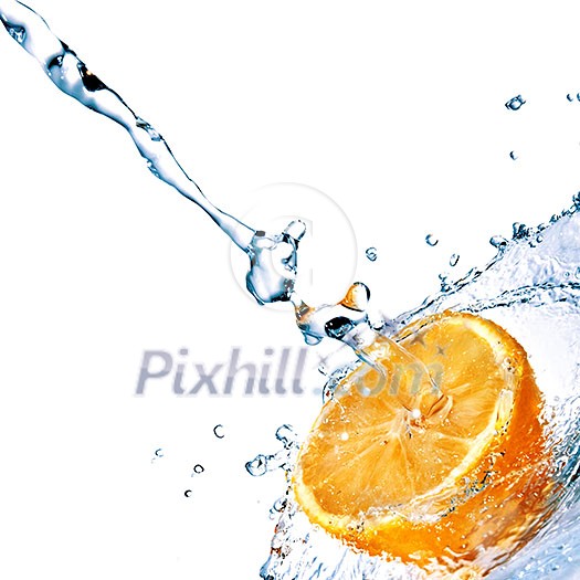fresh water drops on orange isolated on white fresh water drops on orange isolated on white
