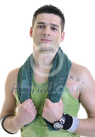 young adult man relax and drink water with sweat on body young adult man relax and drink water with sweat on body