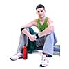 young adult man relax and drink water with sweat on body
