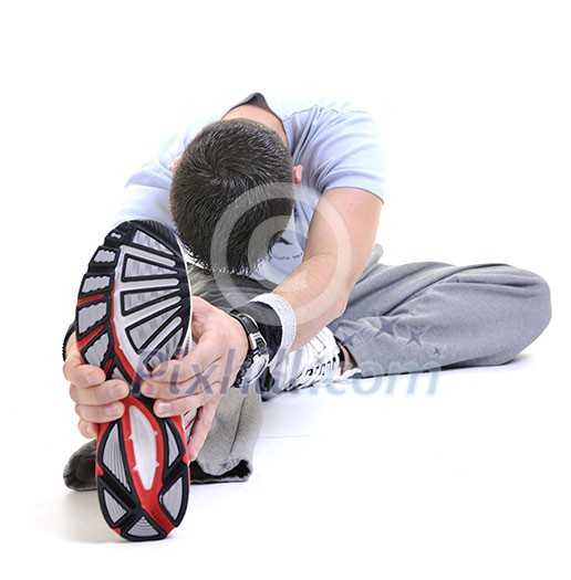 young man exercise fitness sport and strech isolated on white in studio young man exercise fitness sport and strech isolated on white in studio