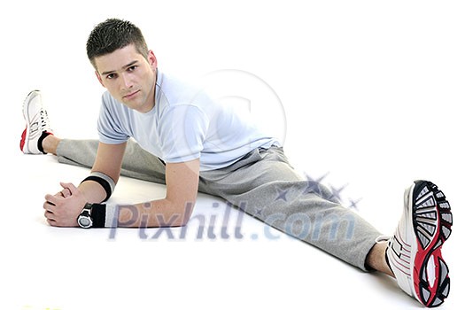 young man exercise fitness sport and strech isolated on white in studio young man exercise fitness sport and strech isolated on white in studio