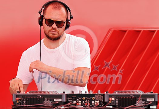 music dj play live on party disco conceprt on red background music dj play live on party disco conceprt on red background