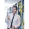 it business man in network server room have problems and looking for  disaster situation  solution