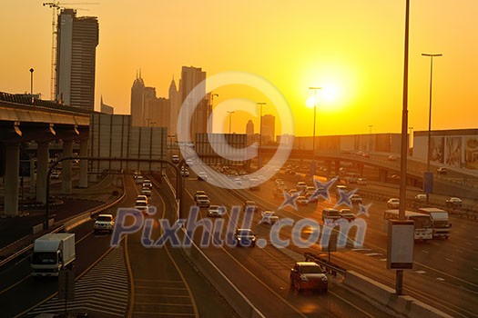 traffic jam in big city at sunset traffic jam in big city at sunset