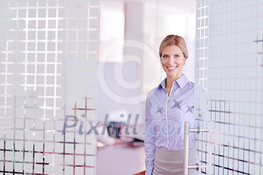 business woman with her staff, people group in background at modern bright office indoors business woman with her staff, people group in background at modern bright office indoors