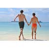 happy young romantic couple in love have fun running and relaxing on beautiful beach