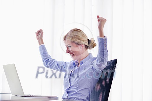 portrait of Young pretty business woman work on notebook computer in the bright modern office indoors portrait of Young pretty business woman work on notebook computer in the bright modern office indoors