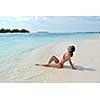 beautiful and happy woman girl on beach have fun and relax on summer vacation  over the sea