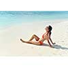 beautiful and happy woman girl on beach have fun and relax on summer vacation  over the sea