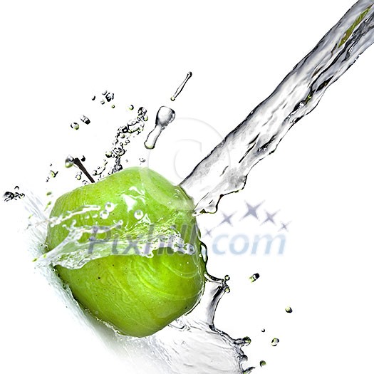 fresh water splash on green apple isolated on white fresh water splash on green apple isolated on white