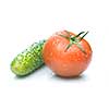 red tomato and green cucumber with water drops isolated on white