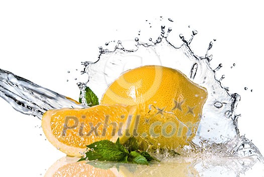 Water splash on lemon with mint isolated on white Water splash on lemon with mint isolated on white