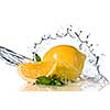 Water splash on lemon with mint isolated on white