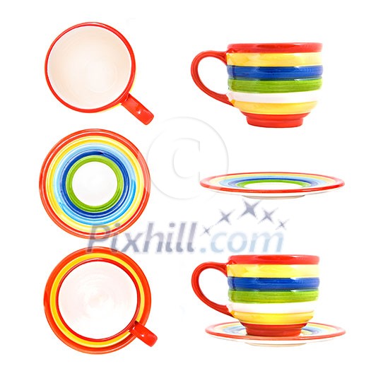 Ceramic funny color cup with saucer isolated on white