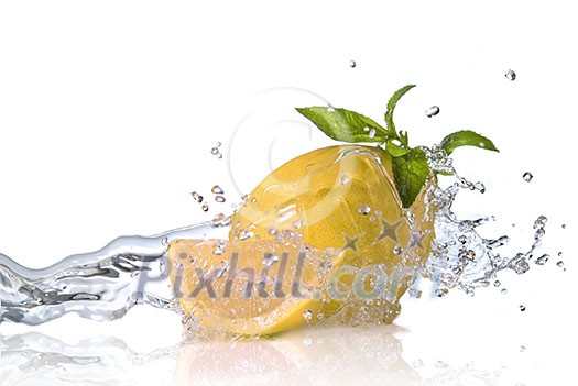 Water splash on grapefruit with mint isolated on white Water splash on grapefruit with mint isolated on white