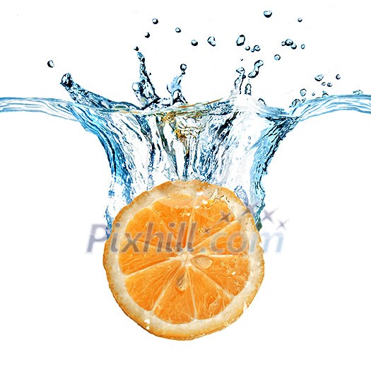 Fresh lemon dropped into water with splash isolated on white Fresh lemon dropped into water with splash isolated on white
