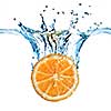 Fresh lemon dropped into water with splash isolated on white