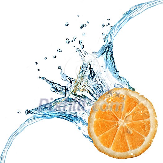 Fresh orange dropped into water with splash isolated on white Fresh orange dropped into water with splash isolated on white