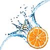 Fresh orange dropped into water with splash isolated on white