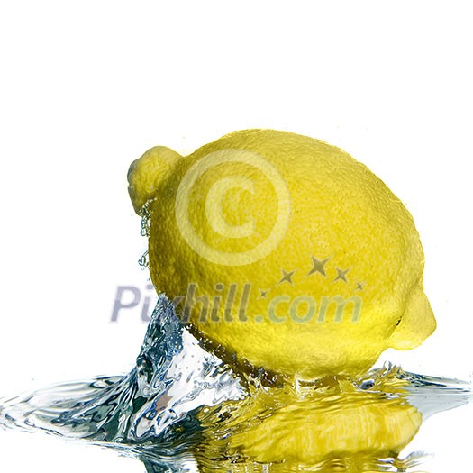 Fresh lemon on water with bubbles isolated on white Fresh lemon on water with bubbles isolated on white