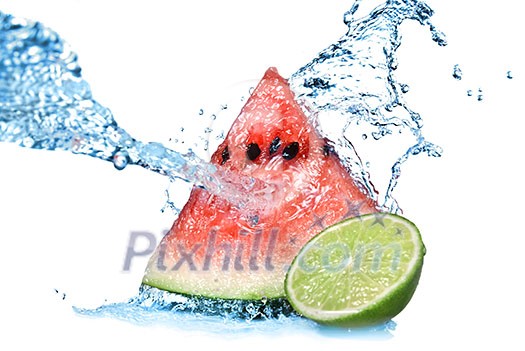 watermelon with lime and water splash isolated on white watermelon with lime and water splash isolated on white