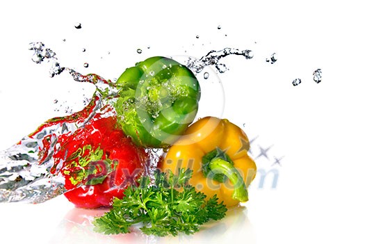 red, yellow, green pepper and parsley with water splash isolated on white red, yellow, green pepper and parsley with water splash isolated on white