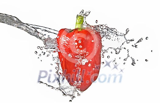 fresh water splash on red sweet pepper isolated on white fresh water splash on red sweet pepper isolated on white