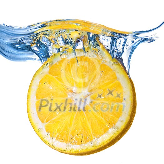 Fresh lemon dropped into water with splash isolated on white